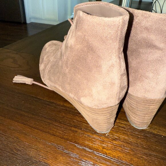 Dr Scholls Boots Womens 8W MED Dakota Wedge Ankle Booties Brown Fabric Lace Up - Picture 3 of 15